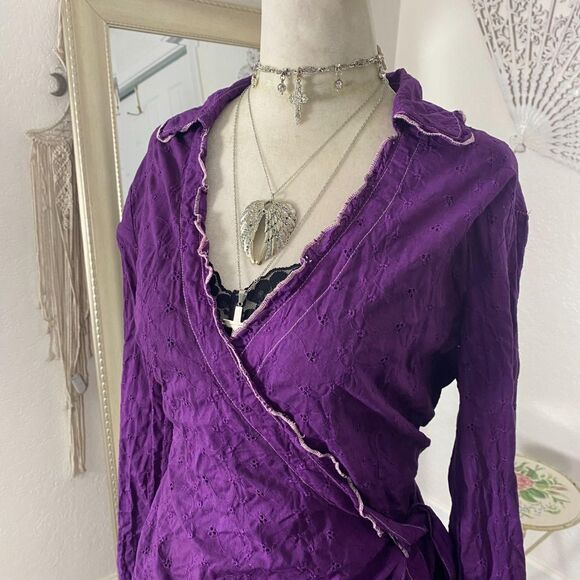 White Stag Whimsygoth Front Tie Purple Berry Pink Cotton Lace Wrap Blouse Top L - Picture 3 of 8